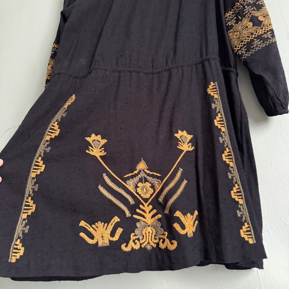 Free People Tunic Embroidered Dress Black Yelllow tribal long sleeve boho large - Picture 7 of 10